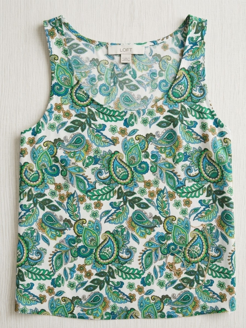 LOFT White Tank Top with Green & Blue Paisley Print